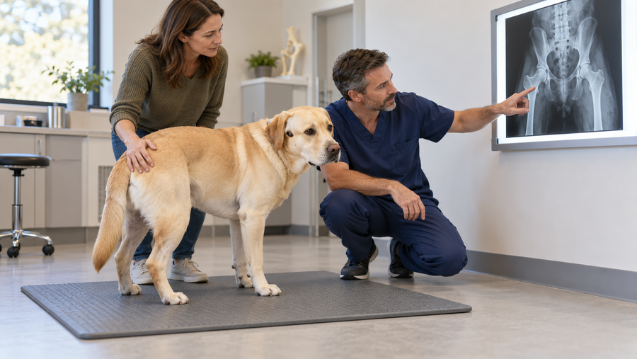 Veterinary surgeon and caregiver assess a Labrador's stance while reviewing pelvic radiographs after a pelvic fracture