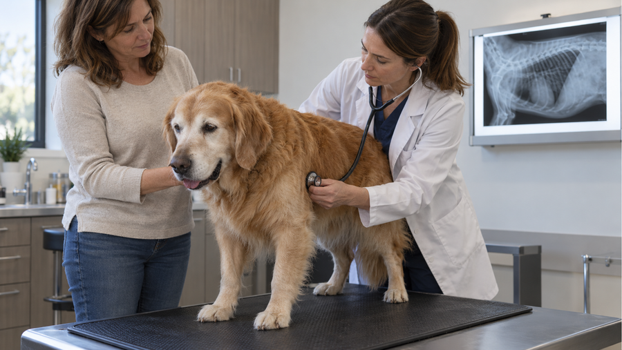 Veterinarian listens to the chest and evaluates the standing strength of an older golden retriever with suspected myasthenia gravis