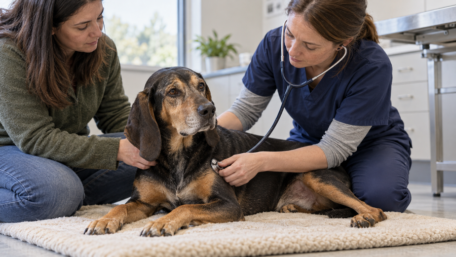 Veterinarian checks the breathing and whole-body strength of a weak mixed-breed dog resting sternally on a padded mat