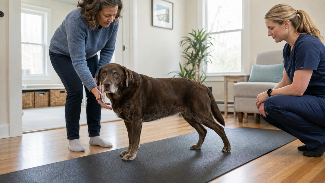 Owner and rehabilitation professional observe an older dog whose back legs are shaking