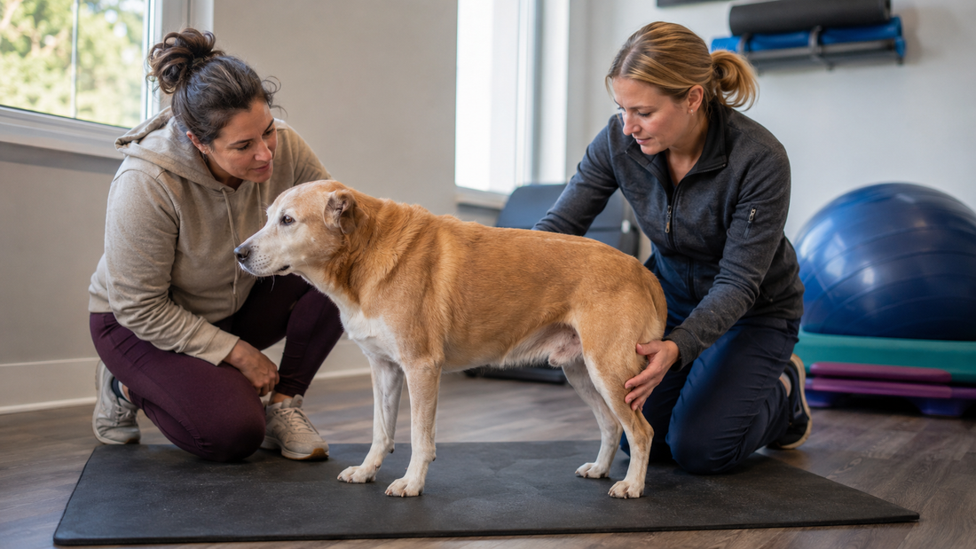 Senior dog with reduced hind leg muscle being assessed by an owner and veterinary rehabilitation professional