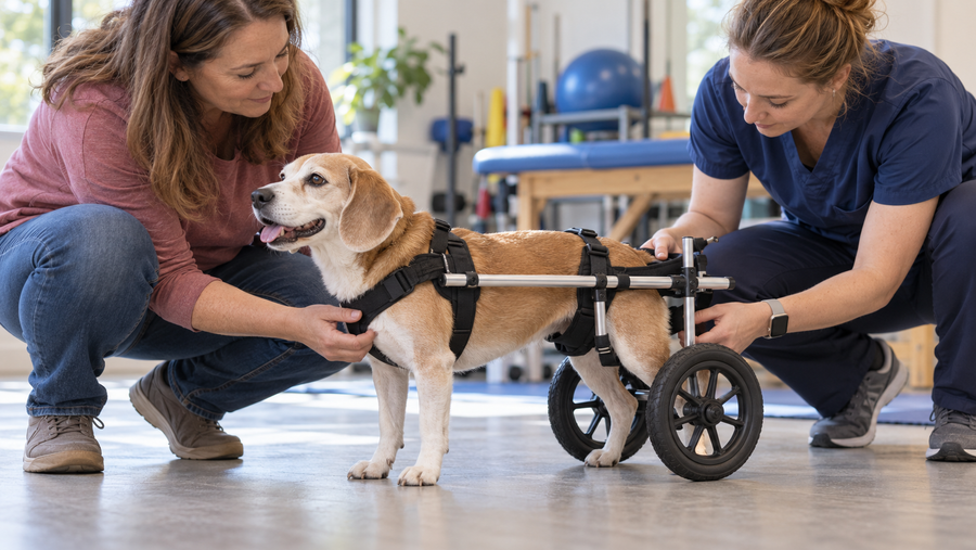 Caregiver and veterinary rehabilitation professional assess harness contact and frame alignment on a small dog in a rear wheelchair