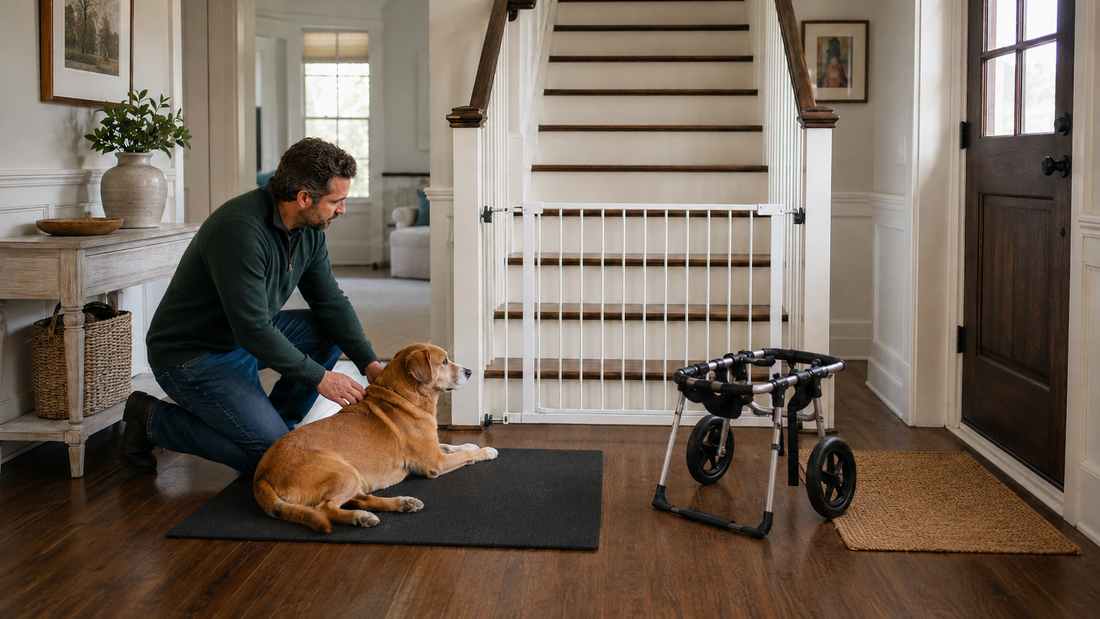 Veterinarian and owner observing a dog whose hind legs cross while walking