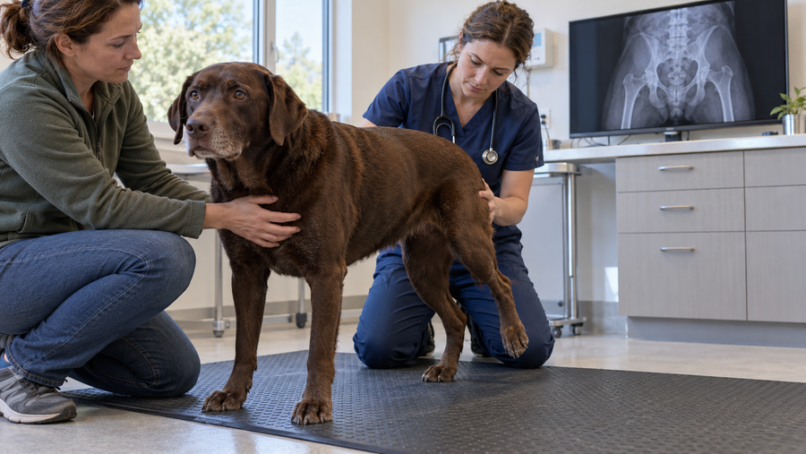 Veterinarian and caregiver assess a dog’s hind-limb stance beside a pelvic radiograph after suspected hip dislocation