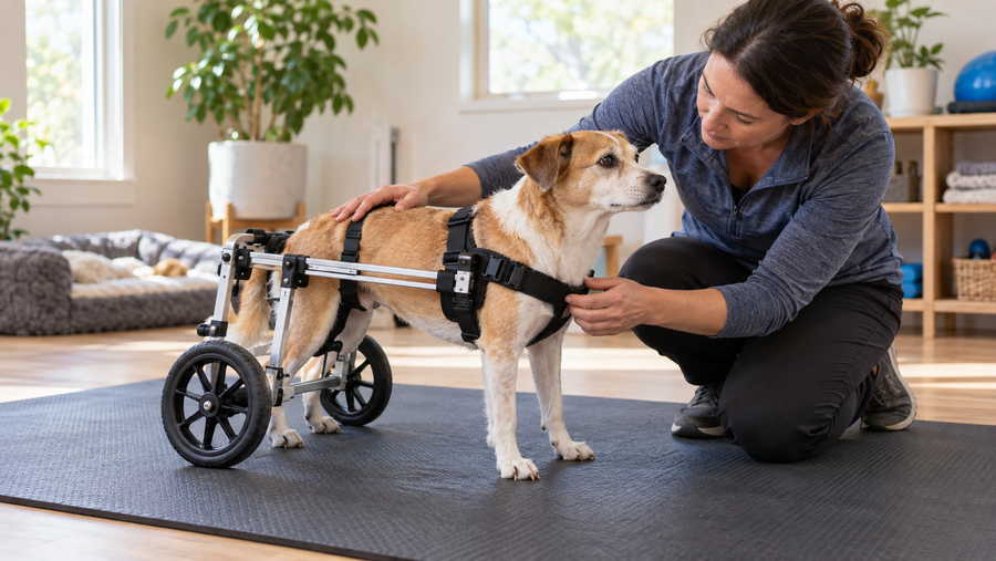 Caregiver reviews a dog’s posture and frame alignment in a rear-support wheelchair