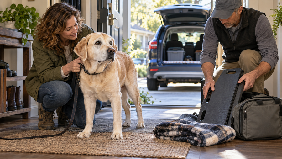 Caregivers prepare a mobility-limited senior dog, transfer board, leash, and go-bag for an evacuation drill