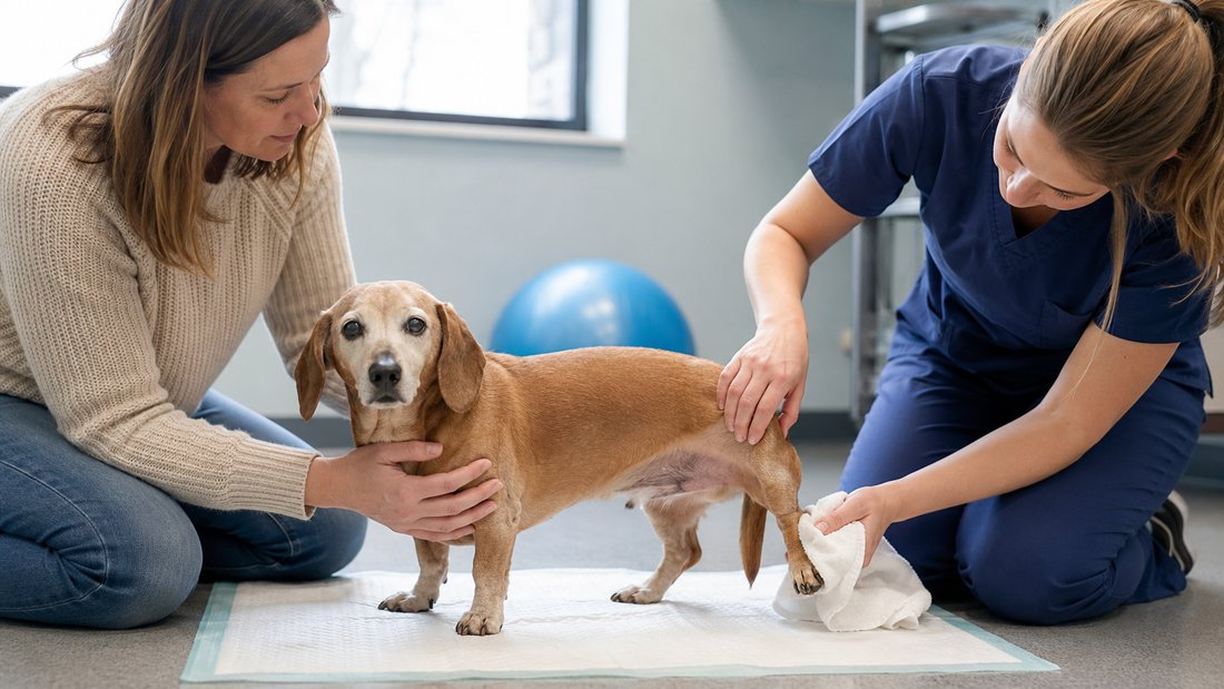 Owner and veterinary technician checking a mobility-limited dog for damp fur and early urine scald