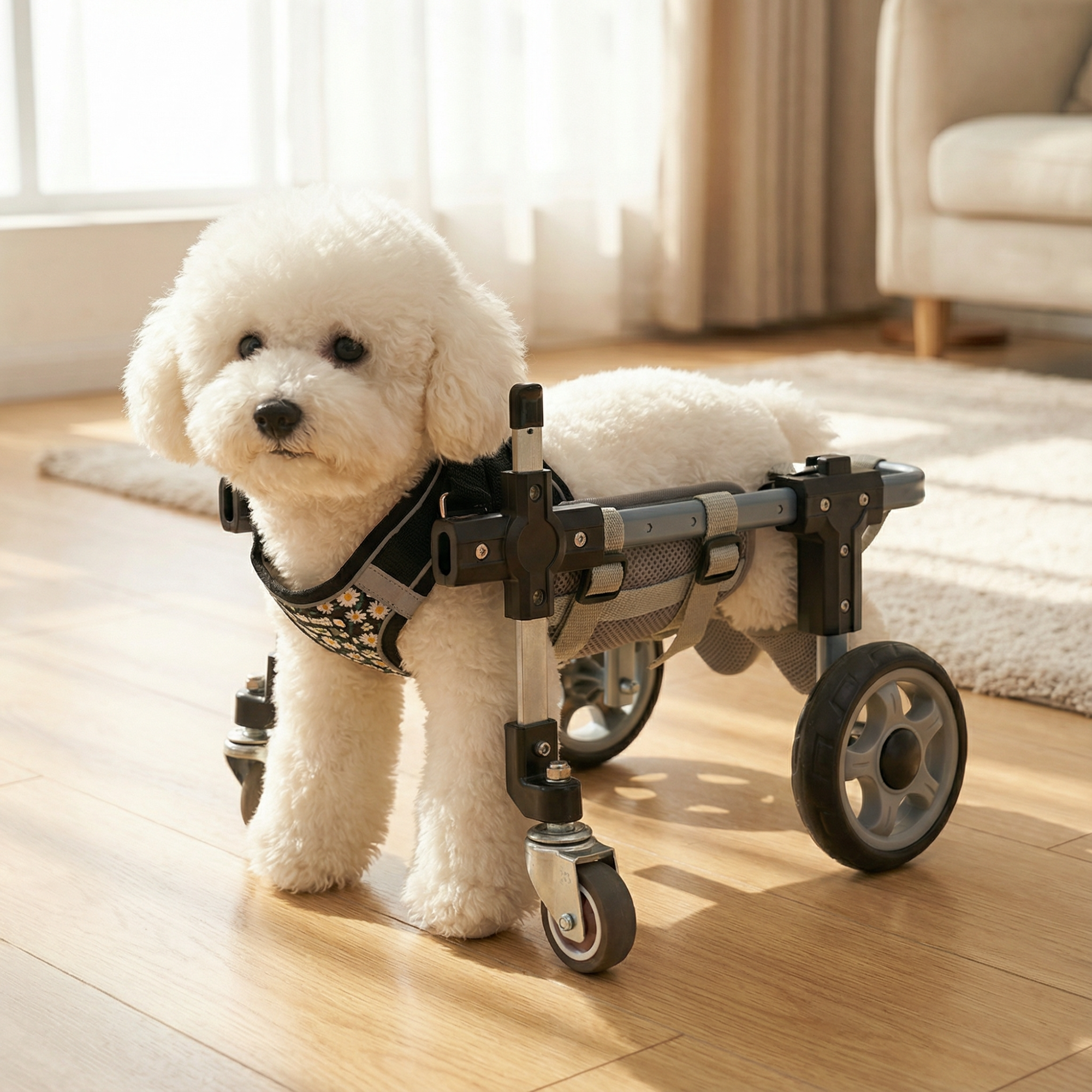 Small white dog in a full-support 4-wheel wheelchair indoors
