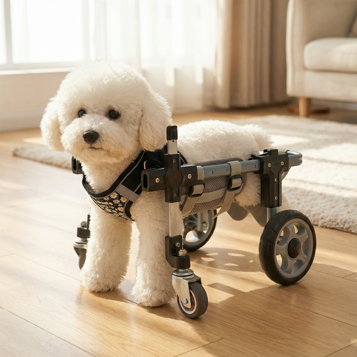 4-wheel dog wheelchair with front and rear support harnesses