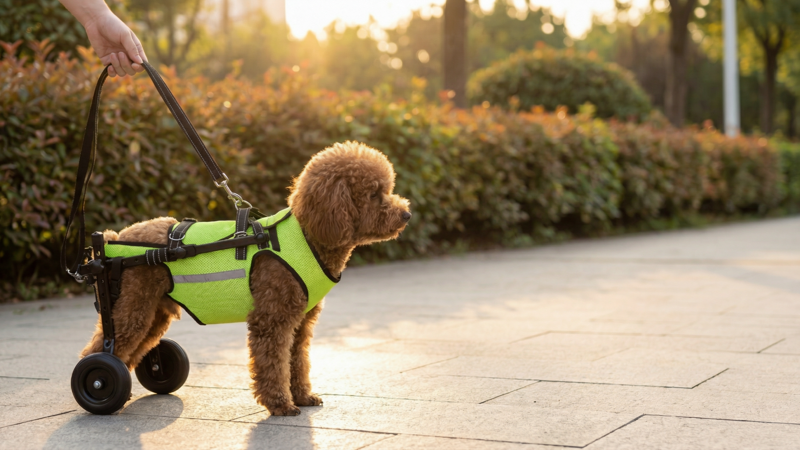 Small dog using an adjustable rear-leg dog wheelchair outdoors