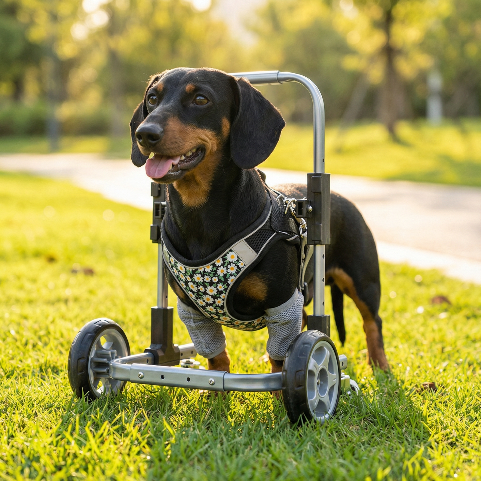 Front-leg wheelchair supporting a dog with forelimb weakness