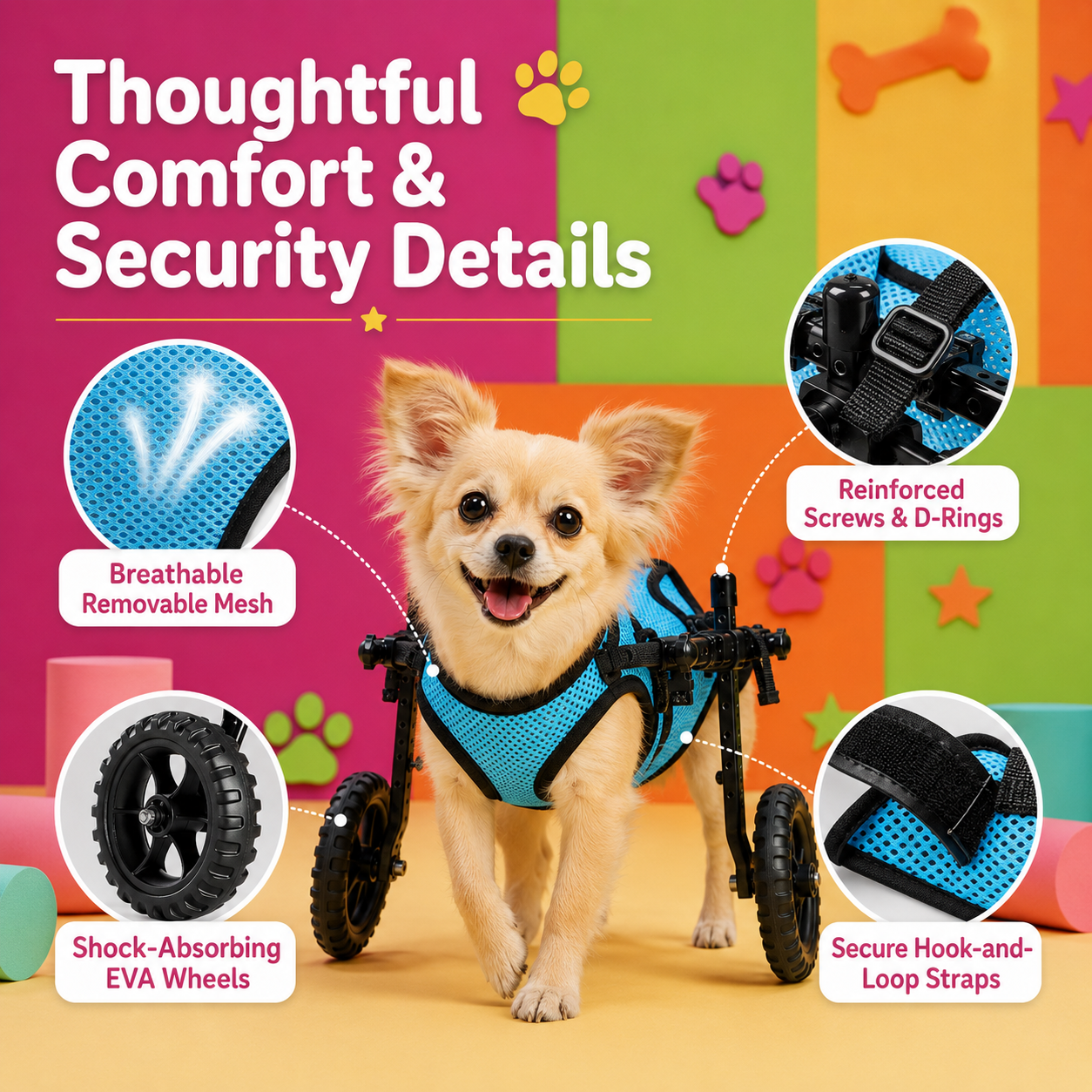 Thoughtful Comfort & Security Details Dog Wheelchair
