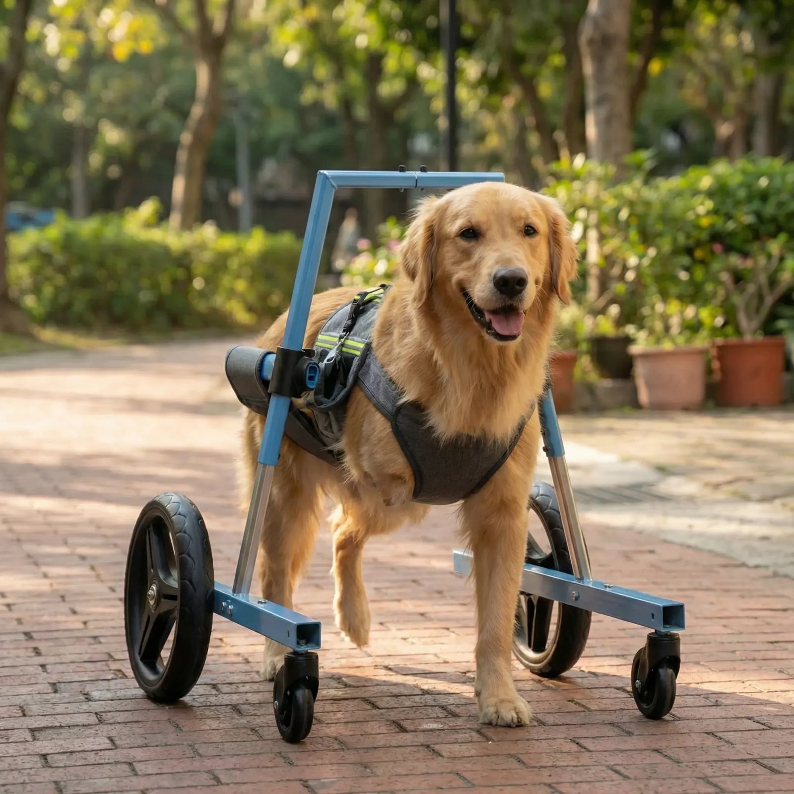 Large dog using an adjustable mobility wheelchair outdoors