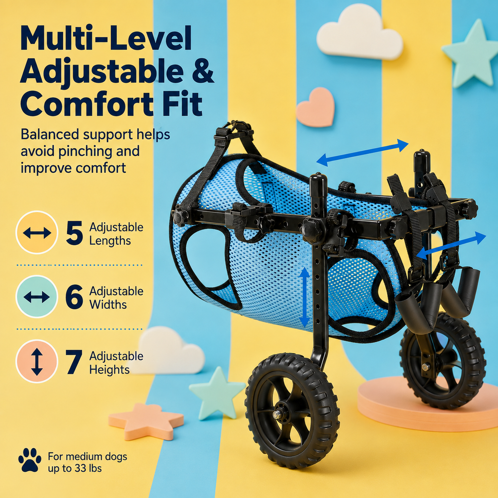 adjustable medium dog wheelchair with shock absorbing wheels