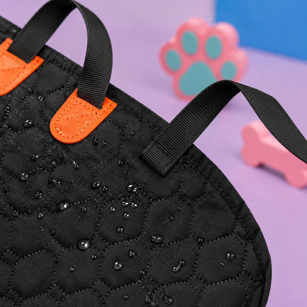 Close-up of a black quilted waterproof bag with orange accents and black webbing straps, shown on a purple surface with pink and blue toy props in the background.