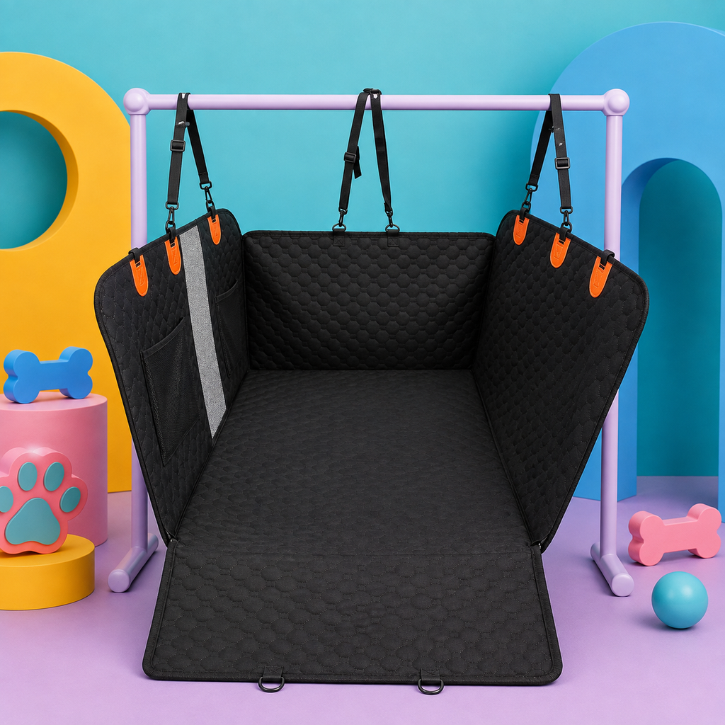 A black quilted pet gate with padded panels and adjustable hanging straps, displayed on a white support frame in a colorful studio setup with toy props.