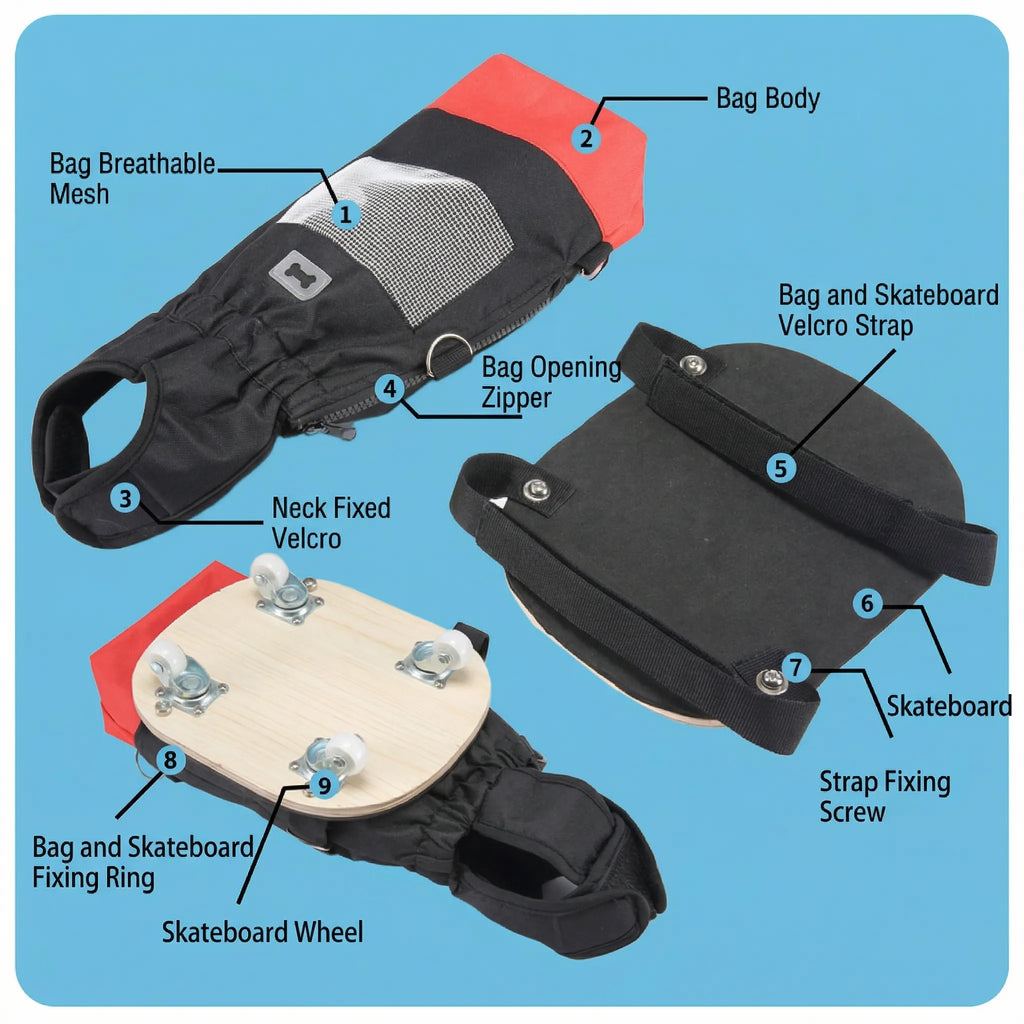 Dog Drag Bag with Wheels & Built-In Pee Pad Pocket (Skateboard Mobility Aid)