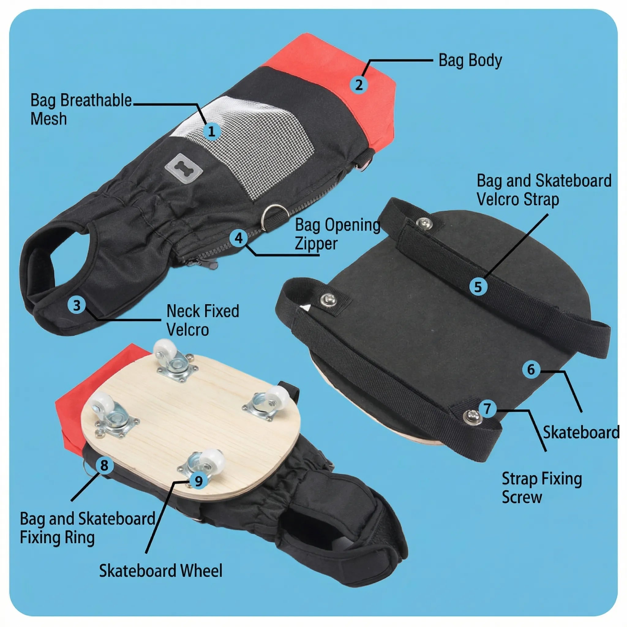 Dog Drag Bag with Wheels & Built-In Pee Pad Pocket (Skateboard Mobility Aid)