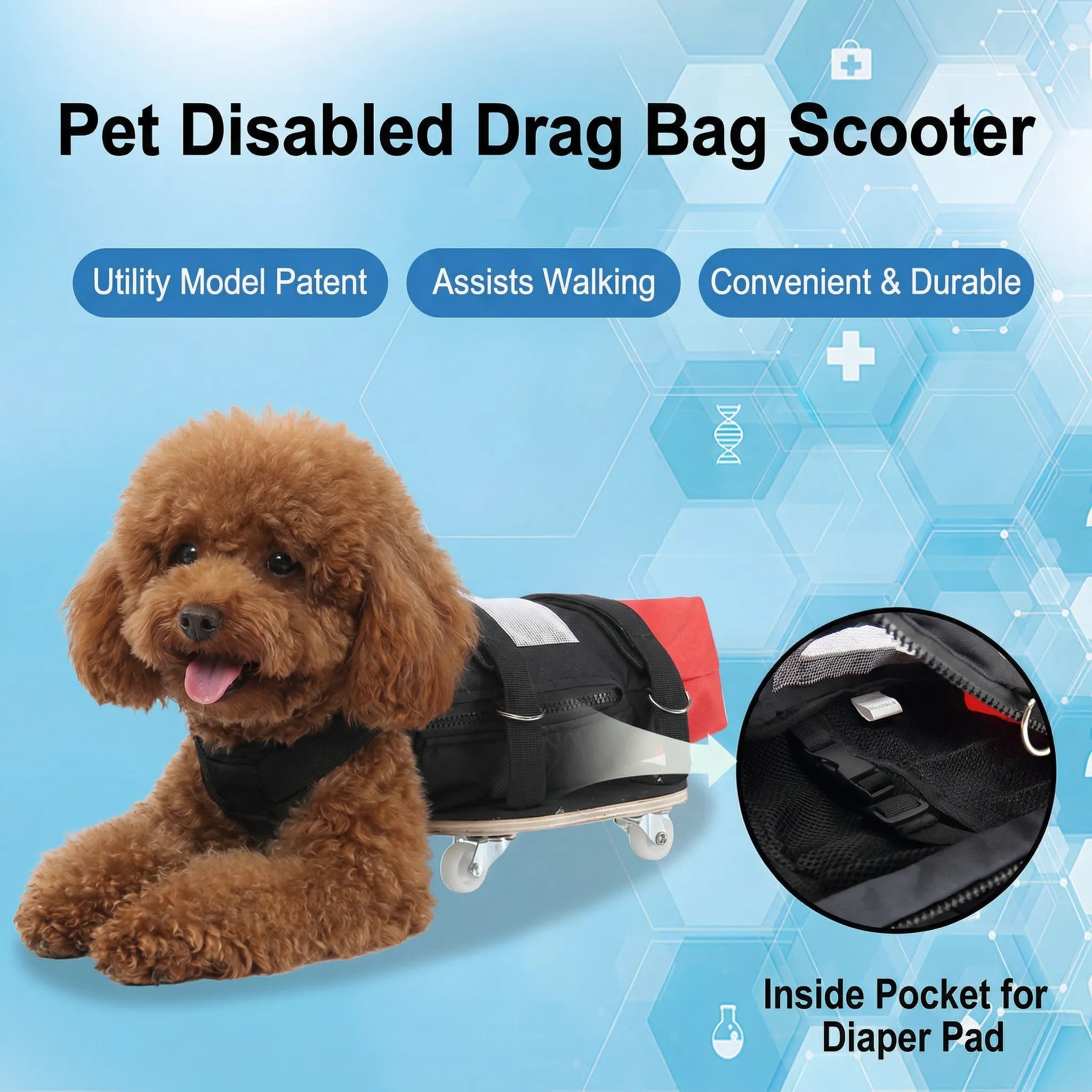 Dog Drag Bag with Wheels & Built-In Pee Pad Pocket (Skateboard Mobility Aid)