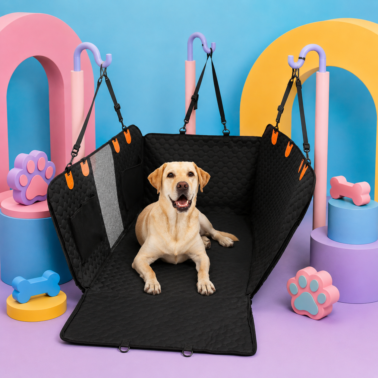 A yellow Labrador retriever lies on a black elevated pet bed with padded sides and side panels, photographed in a colorful studio setup with pink, blue, and purple arches and dog-shaped props.