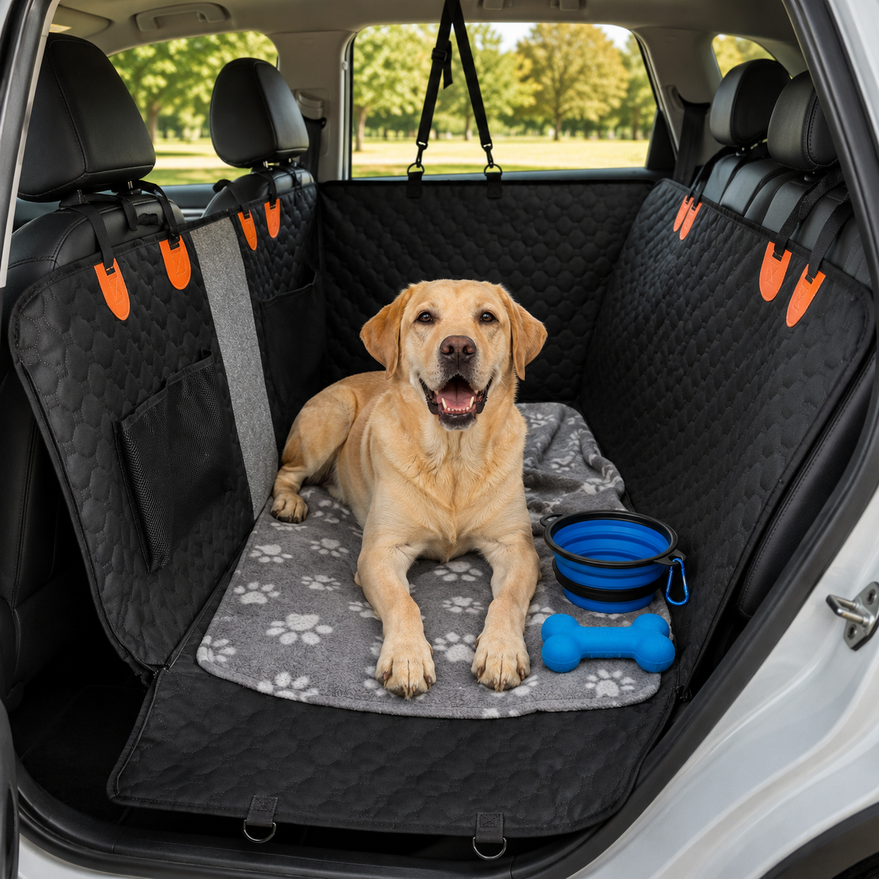 A yellow Labrador retriever lies in the back of a car trunk wearing a black quilted pet car seat cover with orange accents, placed over a gray paw-print mat. A blue collapsible bowl and blue bone toy are beside the dog.