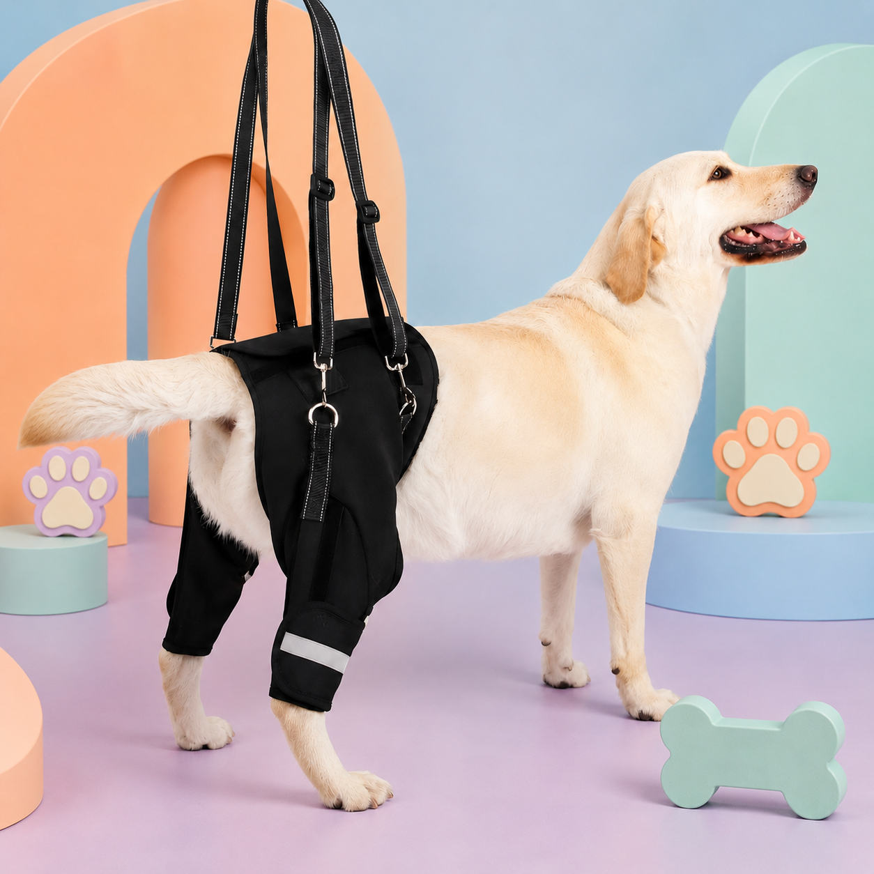 A yellow Labrador retriever wearing a black dog harness with leg wraps and reflective bands, standing in a colorful studio setup with pastel geometric props and paw-shaped decorations.