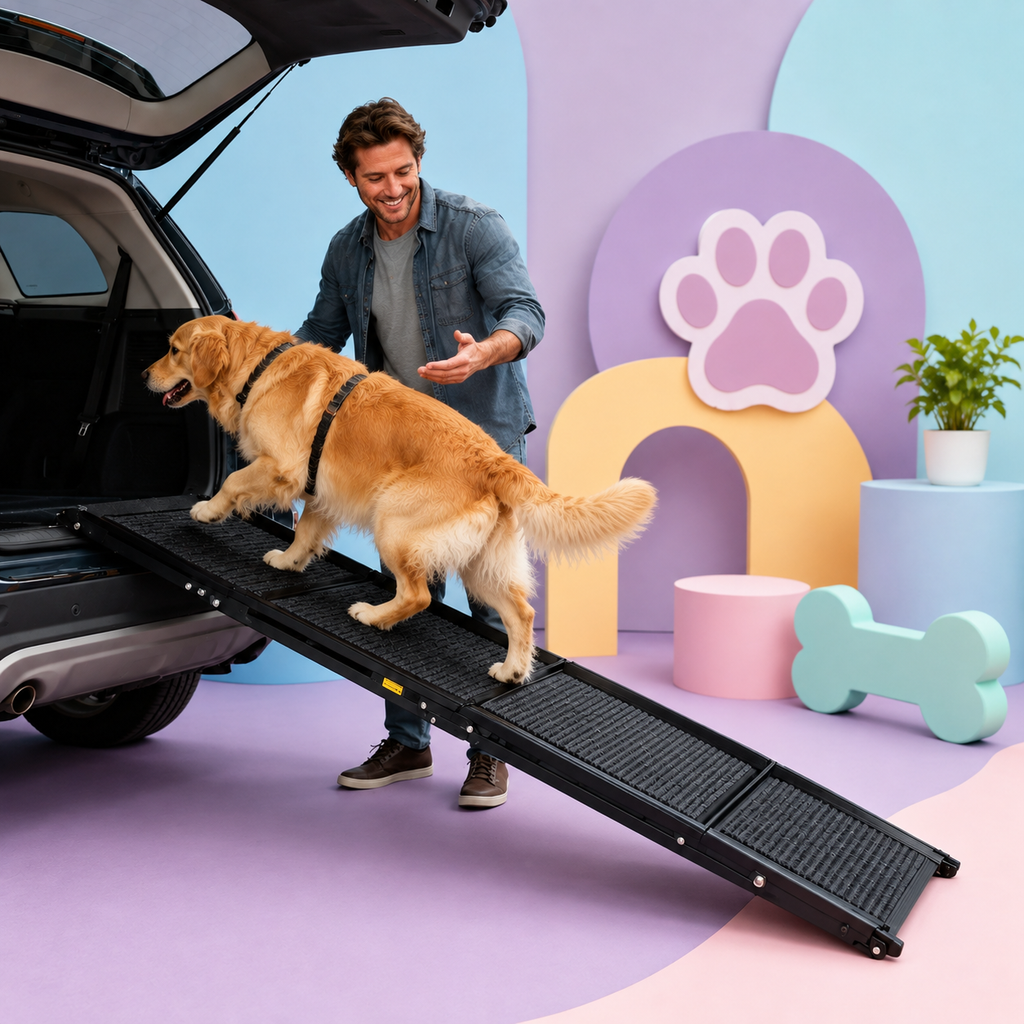 A man with a golden retriever dog using a black metal and rubber vehicle-to-home pet ramp in a colorful, stylized studio setting.