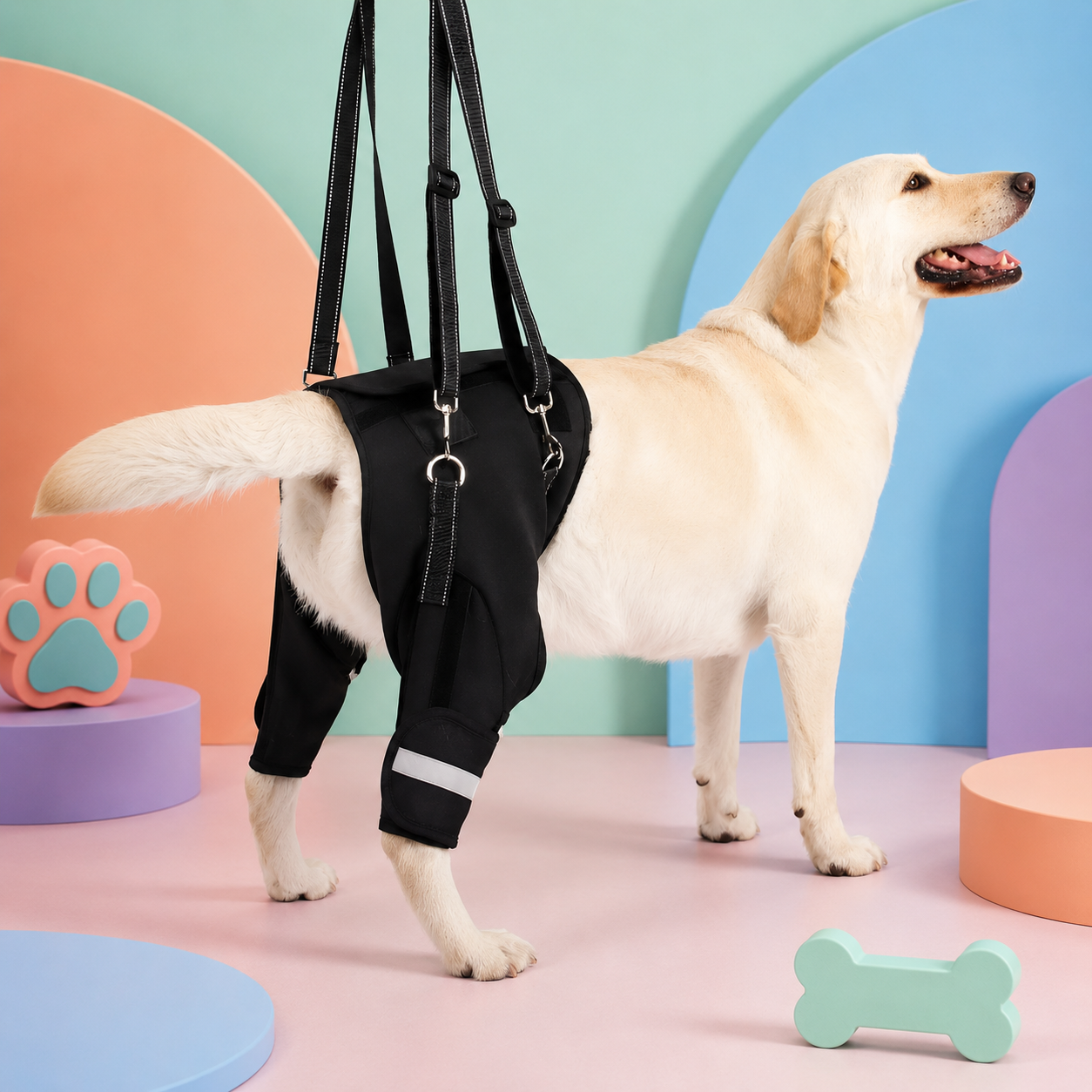 A yellow Labrador retriever wearing a black dog support harness with leg wraps, standing in a colorful studio setting with pastel geometric shapes and dog toys.