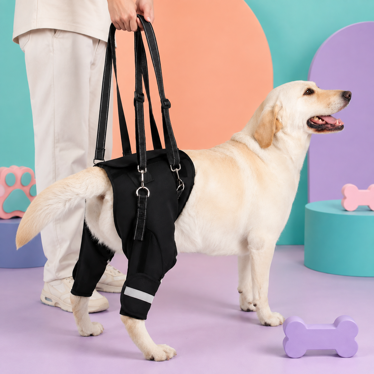 A light cream Labrador Retriever wearing a black dog harness with leg support straps and a reflective band on one leg, standing in a studio with pastel geometric props. A person is holding the harness straps, partially visible from the waist down.