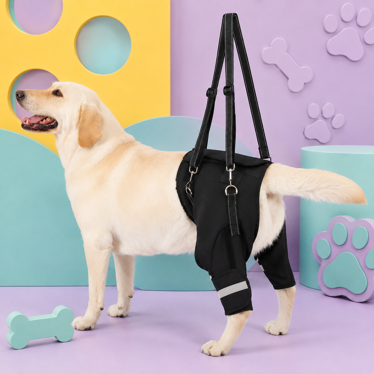 A light cream Labrador retriever wearing a black dog waist harness with adjustable shoulder straps and a reflective leg strap, standing in a colorful studio setting with purple, yellow, and teal shapes.