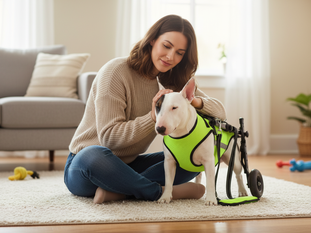 Woman sitting on the floor with a small white dog in a green harness and wheels in a living room.